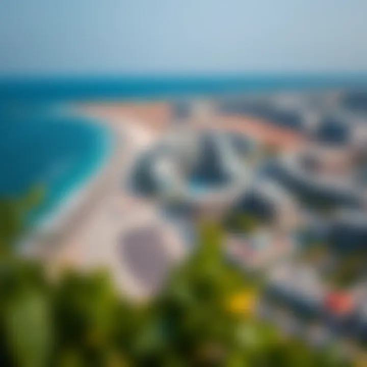 Stunning Aerial View of Al Mamzar Beachfront Aerial view of Al Mamzar beachfront with modern residential buildings