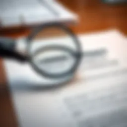 A close-up view of a labour contract document with a magnifying glass