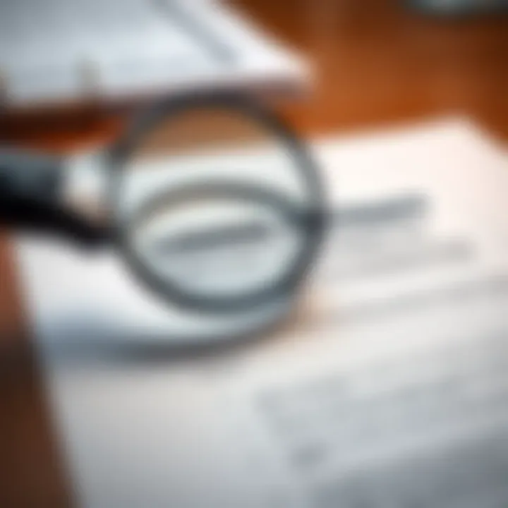 A close-up view of a labour contract document with a magnifying glass