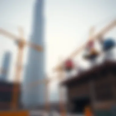 Construction site of Burj Khalifa with cranes and equipment