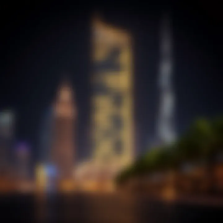 Night view of Al Wasl Building illuminated against the Dubai skyline