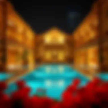 Stunning pool area at Dubai Caesars Palace surrounded by opulent architecture