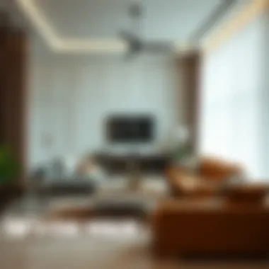 A pristine living room showcasing cleanliness and organization.