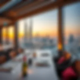 Stunning view of Dubai skyline at sunset from a rooftop restaurant