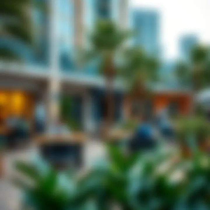 A vibrant outdoor workspace filled with professionals collaborating