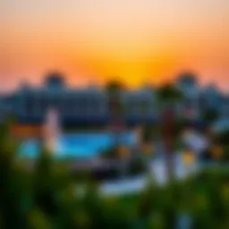 Stunning view of Dubai Parks Hotel at sunset