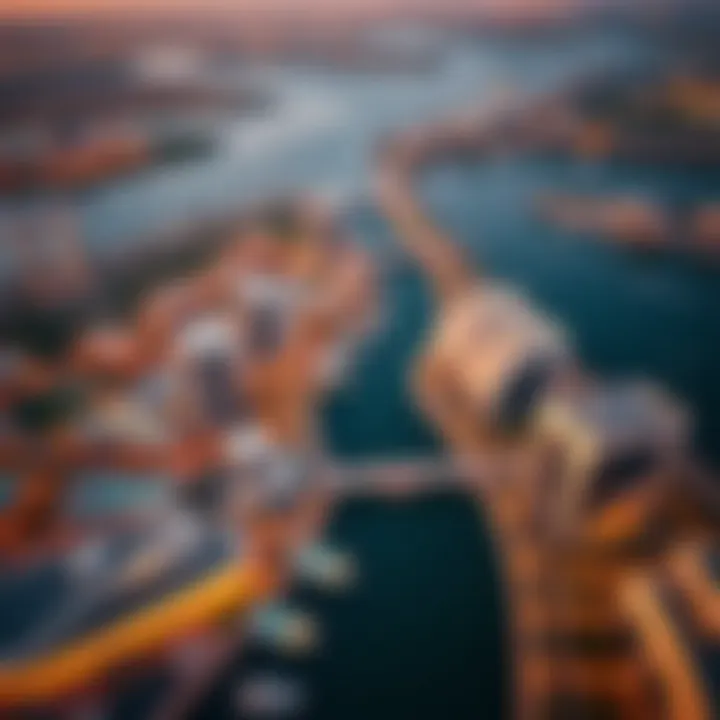 A stunning aerial view of Dubai Riverland showcasing the vibrant architecture and waterways.