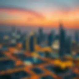 A panoramic view of the Dubai skyline at sunset