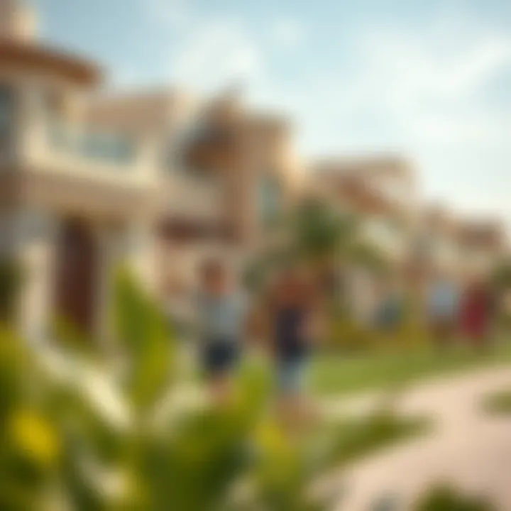 Vibrant community atmosphere with families enjoying outdoor activities.