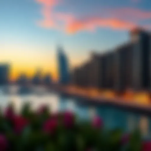 A panoramic view of the stunning Jumeirah Beach Residence skyline at sunset