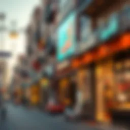 A vibrant street view of shops in Satwa showcasing unique storefronts