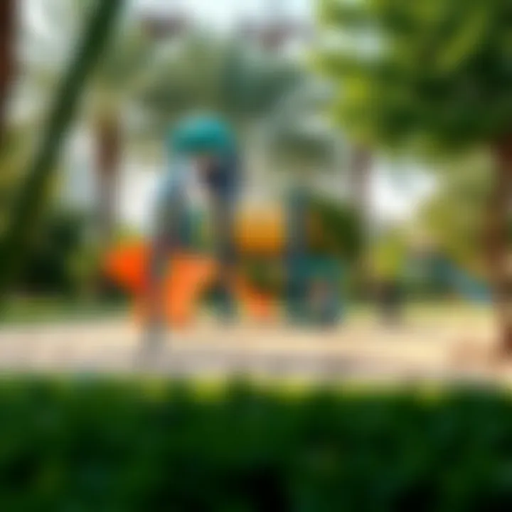 Children playing in a green space with playground equipment in Dubai