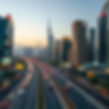 A panoramic view of Sheikh Zayed Road showcasing its vibrant skyline