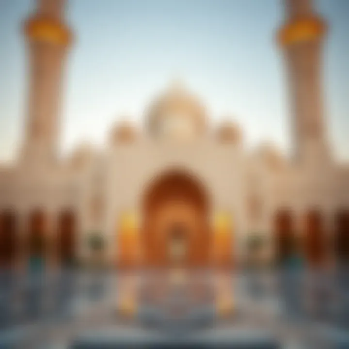 Exterior shot highlighting the grand entrance of a mosque