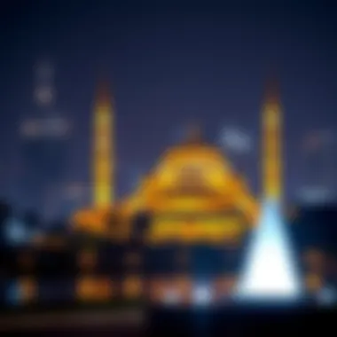 Night view of a mosque illuminated against the skyline