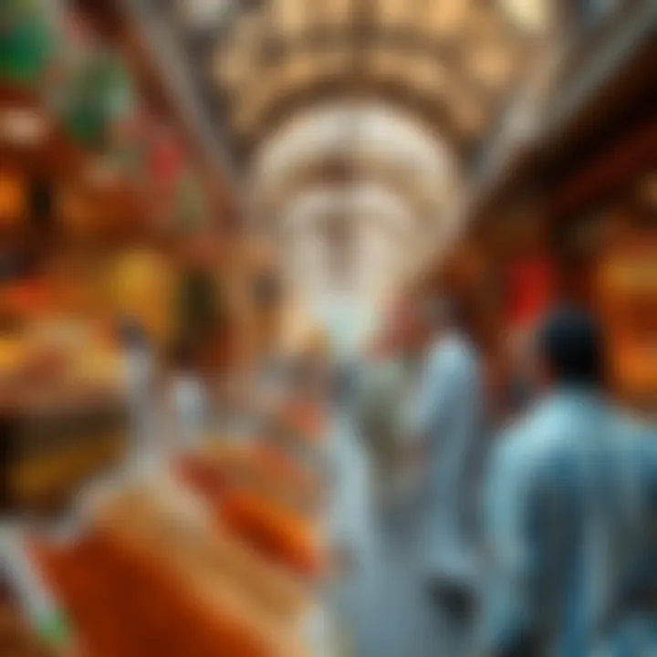 Vibrant market atmosphere with spices and local products on display