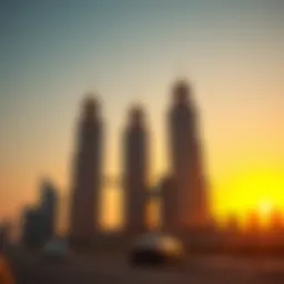 Stunning view of Abraj Al Itihad towers against a sunset backdrop