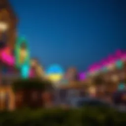 Global Village evening atmosphere with colorful lights
