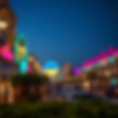 Global Village evening atmosphere with colorful lights