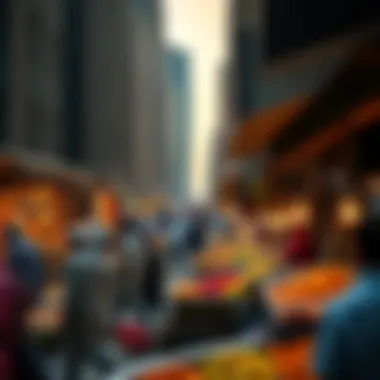 A vibrant market scene bustling with iftar preparations