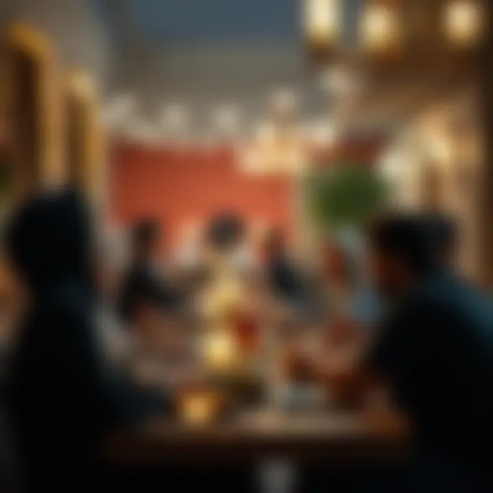 Community Gathering for Iftar A group of friends enjoying iftar together in a warm atmosphere