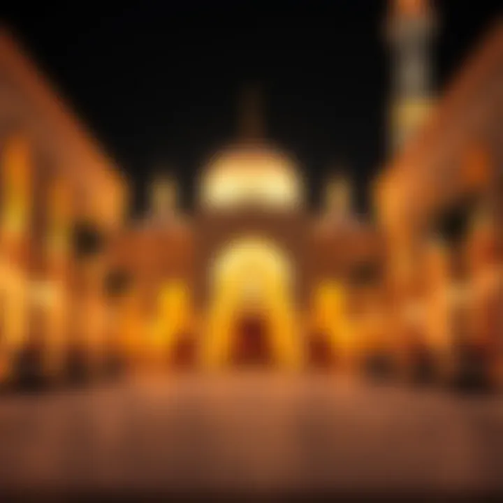 Mosque Courtyard Illuminated at Night A serene mosque with lights illuminating the courtyard during Ramadan