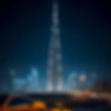 The Burj Khalifa lit up at night, emphasizing its architectural beauty.