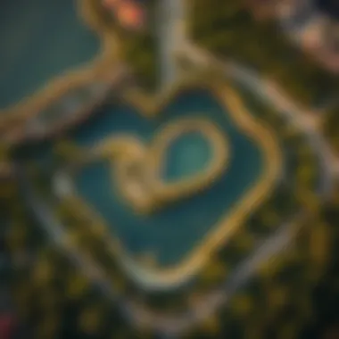 Stunning aerial view of Love Lake showcasing its heart shape amidst lush greenery