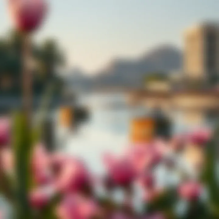 Boats gently floating on Love Lake, surrounded by flowering plants