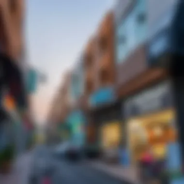 A bustling street in Nad Al Hamar featuring local shops and amenities