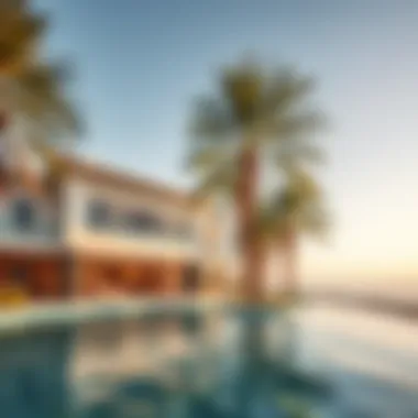 Luxurious beachfront villa with palm trees and clear skies