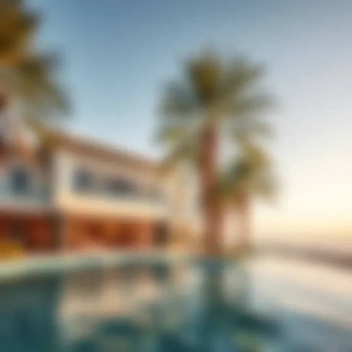 Luxurious beachfront villa with palm trees and clear skies