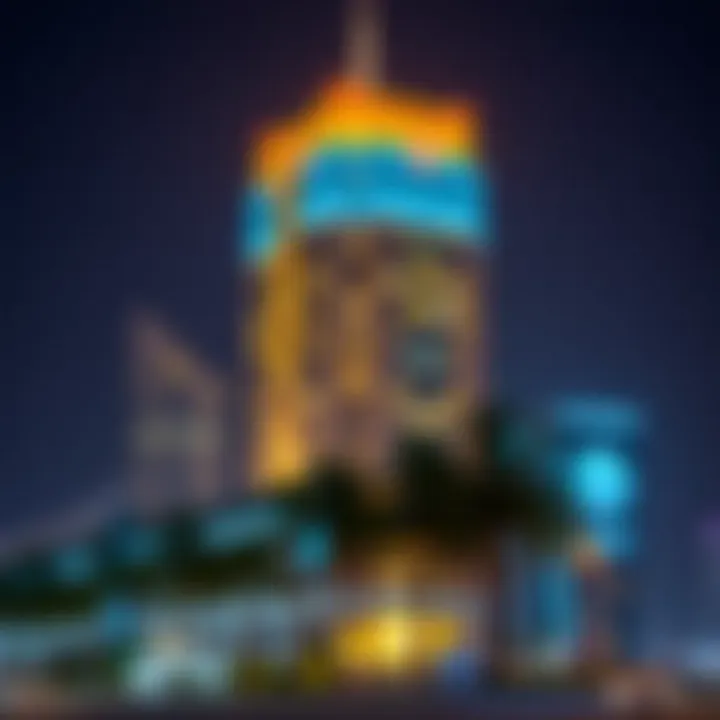Nighttime Illumination of Al Habtoor Business Tower Al Habtoor Business Tower illuminated at night, highlighting its architectural features