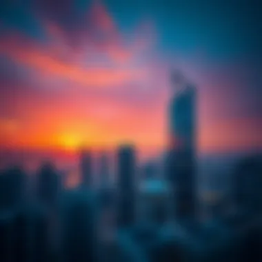 Stunning Sunset View of Al Habtoor Business Tower Panoramic view of Al Habtoor Business Tower against a sunset backdrop