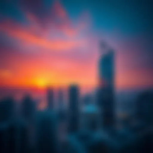 Stunning Sunset View of Al Habtoor Business Tower Panoramic view of Al Habtoor Business Tower against a sunset backdrop