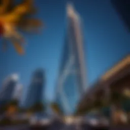 Stunning view of the Prism Tower's facade showcasing its unique architectural design