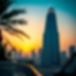 Stunning view of Prism Tower against a sunset