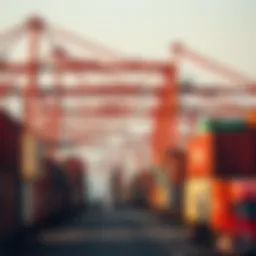 A bustling port showcasing shipping containers and cranes