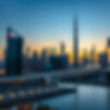 Dubai's Iconic Skyline at Dusk A stunning view of Dubai's skyline at sunset, showcasing modern architecture.