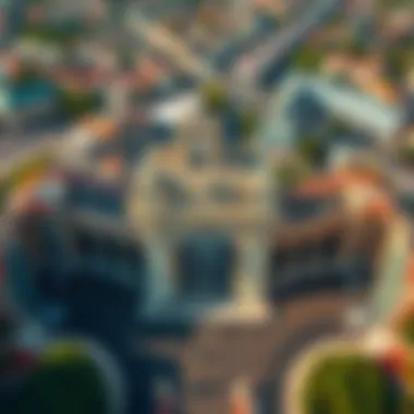 An aerial view of a famous city gate surrounded by bustling streets