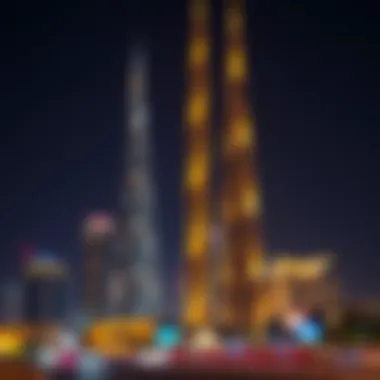 A night view of Dubai with illuminated towers