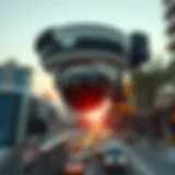 High-tech police surveillance camera monitoring the city