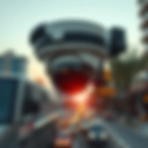 High-tech police surveillance camera monitoring the city