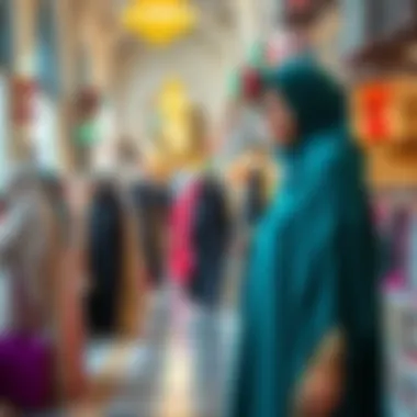A vibrant marketplace in Dubai featuring a variety of abayas reflecting cultural significance
