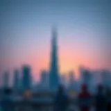 The stunning skyline of Dubai at dawn with the first light of day breaking through.