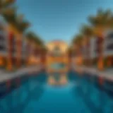 Luxurious swimming pool surrounded by palm trees