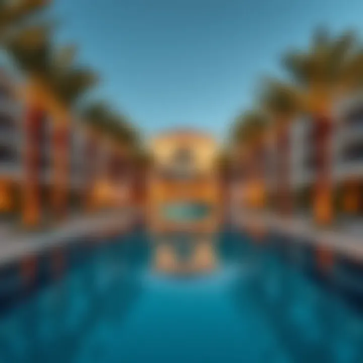 A Serene Oasis: Luxurious Swimming Pool in Dubai Resort Luxurious swimming pool surrounded by palm trees