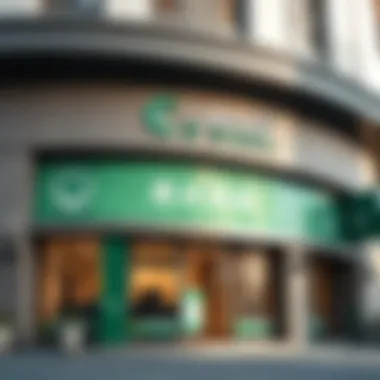 A close-up of a bank's exterior showcasing the Dirham in its branding.