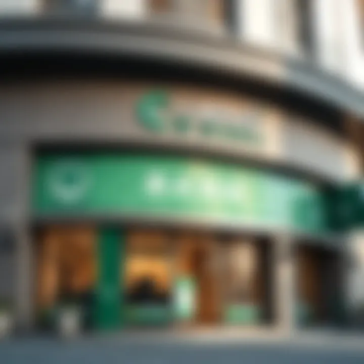 A close-up of a bank's exterior showcasing the Dirham in its branding.