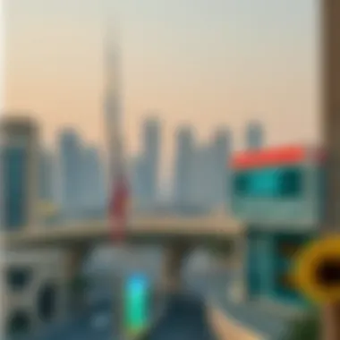 A picturesque view of Dubai's skyline with currency exchange signs.